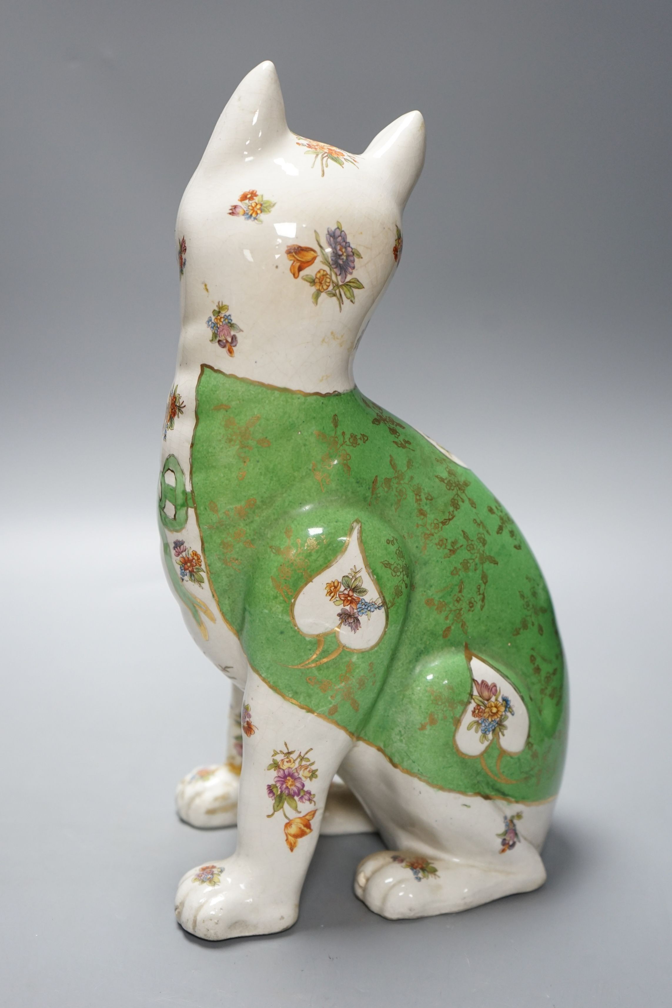 A Galle style polychrome cat, early 20th century, 34cms high